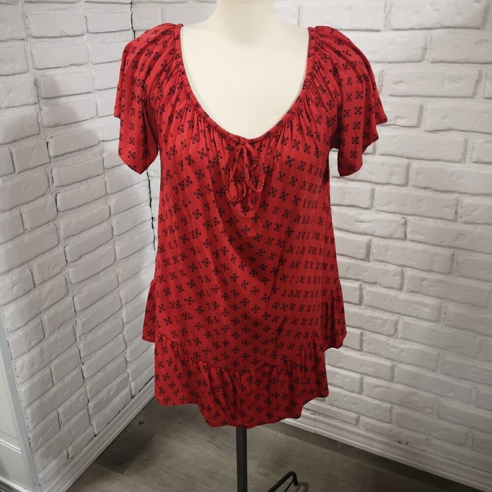 NWT Michel Studio Ladies Size 2X Red & Black Patterned Short Sleeves Blouse